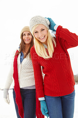 Buy stock photo Portrait, friends and happy women in snow for holiday, vacation or travel together outdoor in Switzerland. Winter clothes, smile and girls hiking in nature for adventure, journey and countryside trip