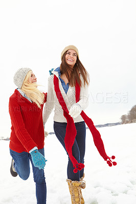 Buy stock photo Women, friendship and snow in winter for vacation is Alaska for Christmas, festive and travel for bonding. Female people, play and laugh with hug, happiness and love for holiday, break or retreat