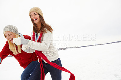 Buy stock photo Winter, love and lesbian couple outdoor in snow on romantic vacation, adventure or holiday. Happy, laugh and lgbtq women in relationship for fun and bonding in cold weather on weekend trip in Iceland