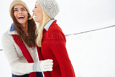 Buy stock photo Friends, girls and happy together in snow to explore or have fun on vacation in Canada in Christmas season. Woman, outdoor and travel on winter holiday getaway for adventure or bonding with love.