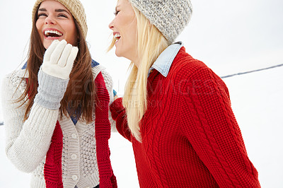 Buy stock photo Winter, laughing and friends with travel in snow for holiday, weekend trip and vacation in Switzerland. Smile, women and happy with comedy in cold weather for adventure, journey and tourism together