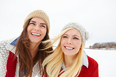 Buy stock photo Friends, girls and happy together in snow to explore or have fun on vacation in Canada in Christmas season. Woman, outdoor and travel on winter holiday getaway for adventure or bonding with love.