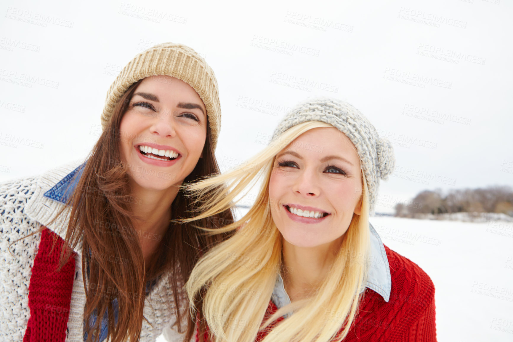 Buy stock photo Friends, girls and happy together in snow to explore or have fun on vacation in Canada in Christmas season. Woman, outdoor and travel on winter holiday getaway for adventure or bonding with love.