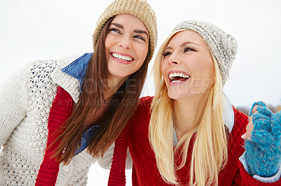 Buy stock photo Snow, happy and girl friends outdoor in winter on fun vacation, adventure or holiday. Travel, smile and young women with laughing and bonding together in cold weather on weekend trip in nature