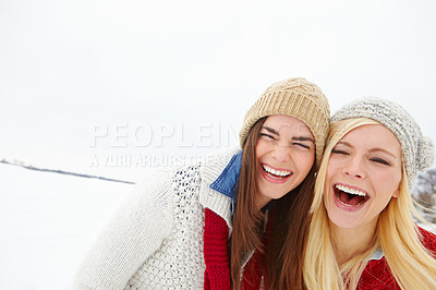 Buy stock photo Snow, bonding and girl friends outdoor in winter on romantic vacation, adventure or holiday. Laughing, smile and happy women with fun together in cold weather on weekend trip for skiing in Iceland.