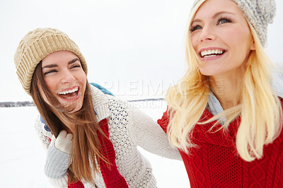 Buy stock photo Travel, laughing and lesbian couple outdoor in snow on romantic vacation, adventure or holiday. Love, smile and queer women in relationship for bonding in winter weather on weekend trip in Iceland.