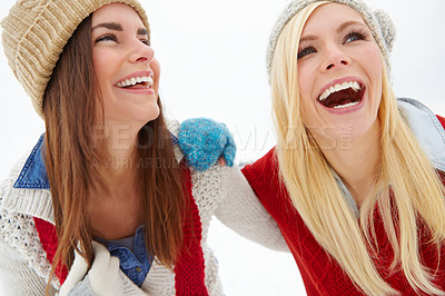 Buy stock photo Winter, vacation and friends with laughing in snow for travel, weekend adventure and holiday in Canada. Smile, women and happy with funny joke in cold weather for comedy, journey and tourism together