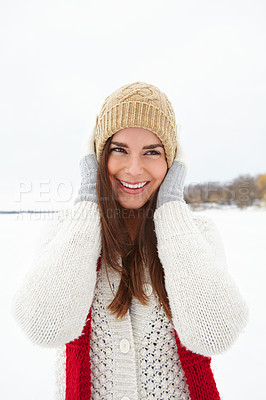 Buy stock photo Woman, winter and style in outdoor snow, warm clothes and designer jersey or season outfit. Female person, nature and cold weather on holiday or vacation, fashion and beanie aesthetic in Scotland