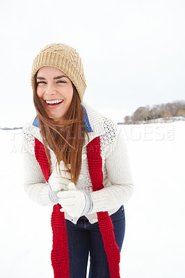 Buy stock photo Woman, portrait and laugh outdoor in snow, winter clothes and designer jersey or season outfit. Female person, comedy and cold weather on holiday or vacation, fashion and beanie aesthetic in Scotland