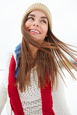 Buy stock photo Thinking, snow and happy woman in winter with scarf, beanie or jersey in Sweden on holiday vacation. Female person, smile or girl walking on outdoor trip for travel, adventure or wellness in nature