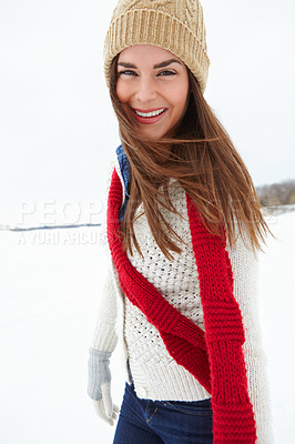 Buy stock photo Woman, winter and fashion in portrait snow, warm clothes and designer jersey or season outfit. Female person, outdoors and cold weather on holiday or vacation, style and aesthetic in Switzerland