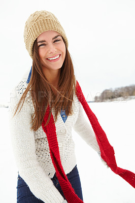 Buy stock photo Woman, happy and fashion in snow portrait, warm clothes and designer jersey or season outfit. Female person, winter and cold weather on holiday or vacation, style and beanie aesthetic in Switzerland