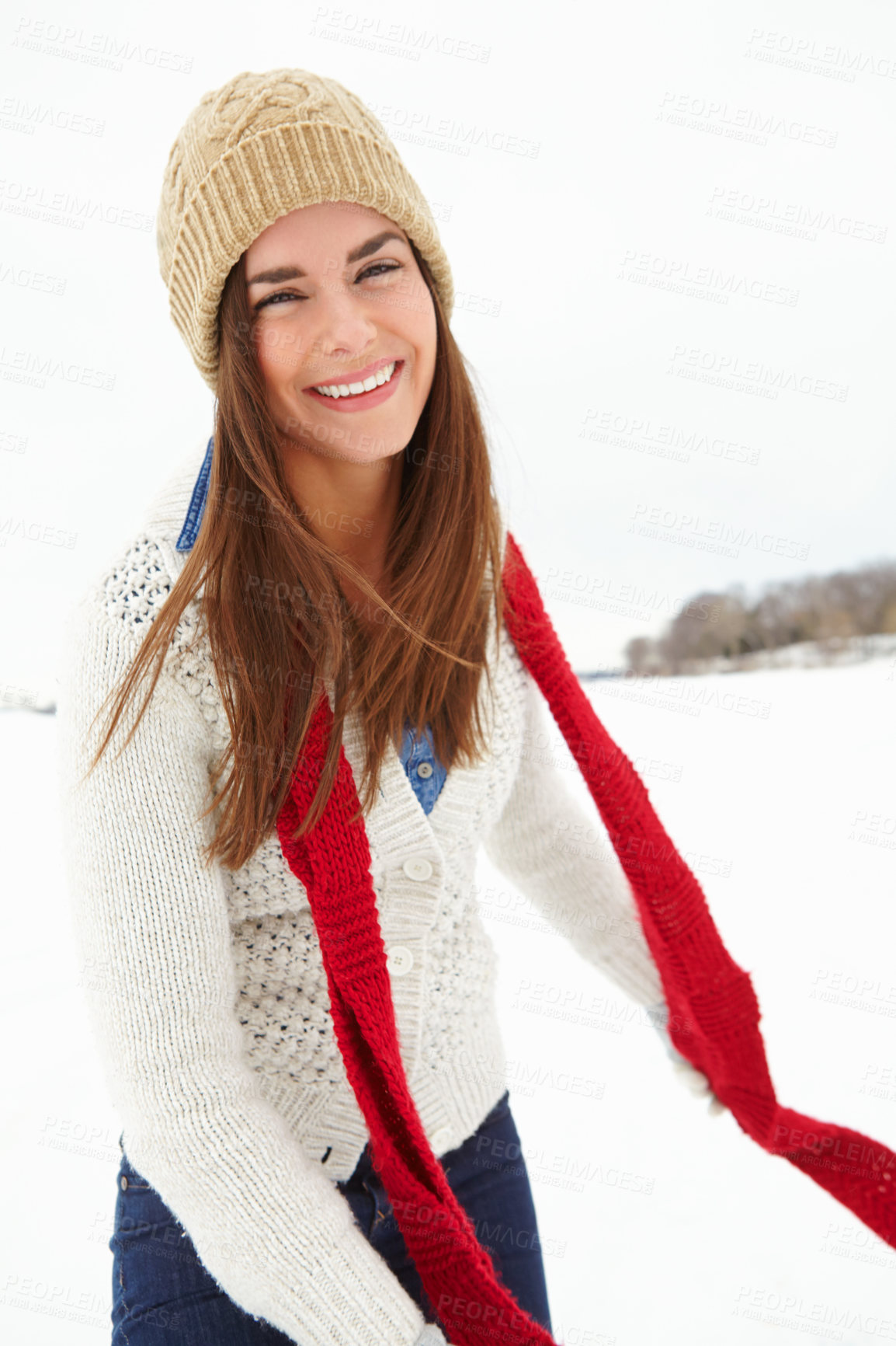 Buy stock photo Woman, happy and fashion in snow portrait, warm clothes and designer jersey or season outfit. Female person, winter and cold weather on holiday or vacation, style and beanie aesthetic in Switzerland