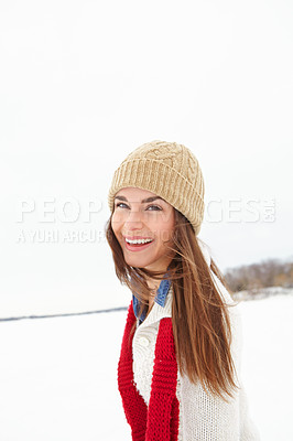 Buy stock photo Woman, winter and fashion or happy in snow, warm clothes and designer jersey or season outfit. Female person, travel and cold weather on holiday or vacation, aesthetic and mockup space in Switzerland