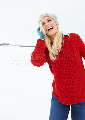 Buy stock photo Laughing, snow and happy woman in winter with smile, beanie or jersey in Sweden on holiday vacation. Female person, play or girl walking on outdoor trip for travel, adventure or wellness in nature