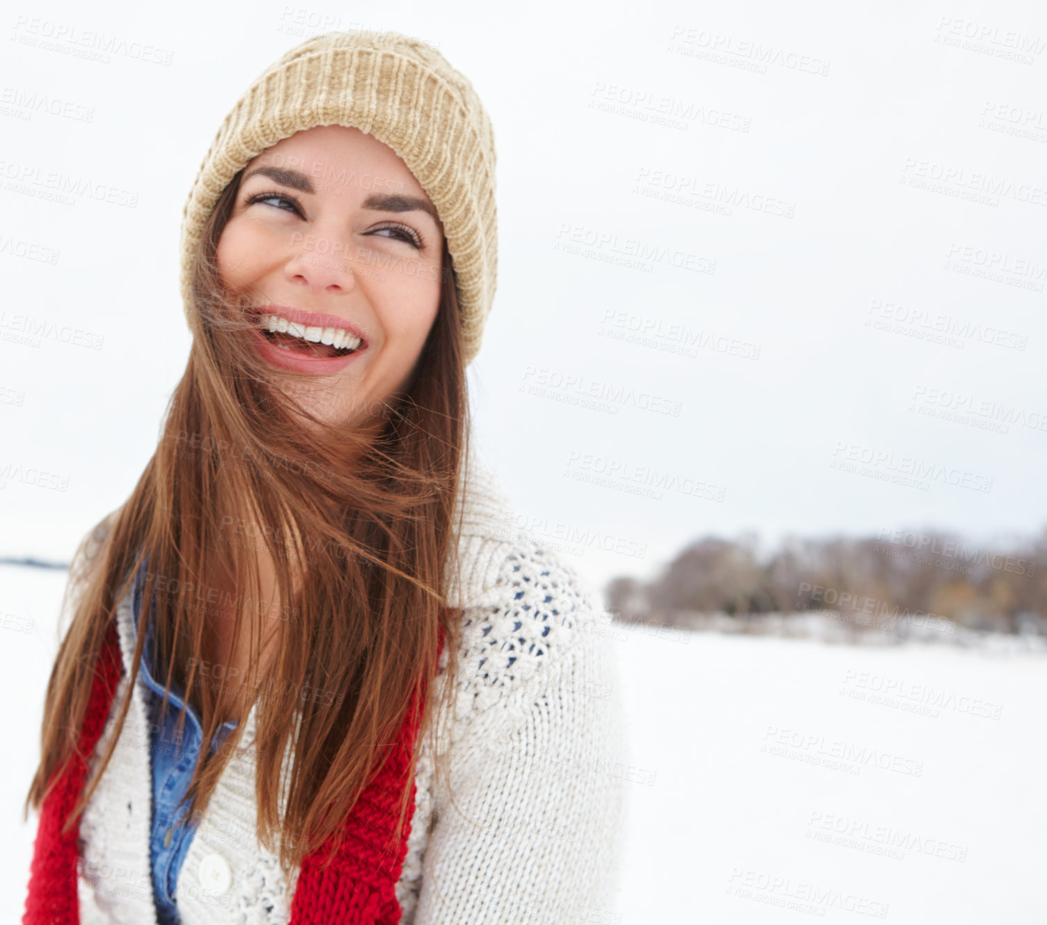 Buy stock photo Laughing, snow and funny girl in winter with scarf, beanie or jersey in Sweden on holiday vacation. Female person, smile or happy woman on outdoor trip for travel, adventure or wellness in nature