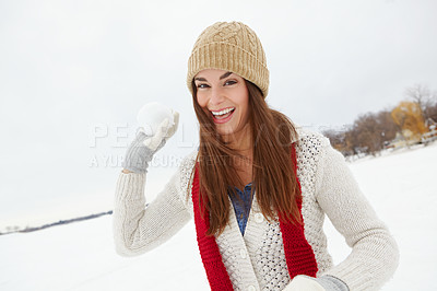 Buy stock photo Portrait, snow and happy woman in winter with smile, beanie or jersey in Sweden on holiday vacation. Female person, joy or face of girl on outdoor trip for travel, adventure or wellness in nature