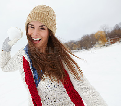 Buy stock photo Portrait, snowball or happy girl in winter to play in beanie or jersey in Sweden on holiday vacation. Female person, throw or face of woman on outdoor trip for travel, adventure or wellness in nature