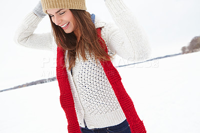 Buy stock photo Travel, snow and happy woman in winter with smile, beanie or jersey in Sweden on holiday vacation. Female person, relax or girl laughing on outdoor trip for break, adventure or wellness in nature 