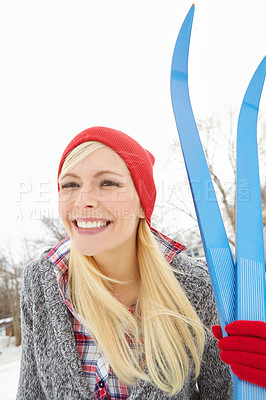 Buy stock photo Portrait, skier or happy woman in winter with snow, beanie or smile in Sweden on holiday vacation. Female person, ready or face of girl on outdoor trip for travel, adventure or wellness in nature