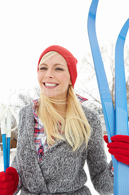 Buy stock photo Girl, portrait and happy on vacation with ski board for alpine adventure, fun and exploring snowy wilderness. Woman, snow equipment and outdoor on winter holiday in Alaska for getaway and travel tour