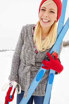 Buy stock photo Girl, portrait and happy on vacation with snowboard for alpine adventure, fun and exploring snowy wilderness. Woman, ski equipment and outdoor on winter holiday in Alaska for getaway and travel tour.