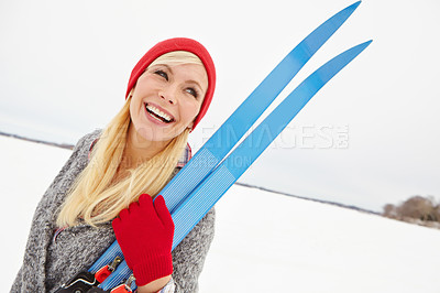 Buy stock photo Girl, thinking and happy on holiday with snowboard for alpine adventure, fun and exploring snowy wilderness. Woman, ski equipment and outdoor on winter vacation in Alaska for getaway and travel tour.