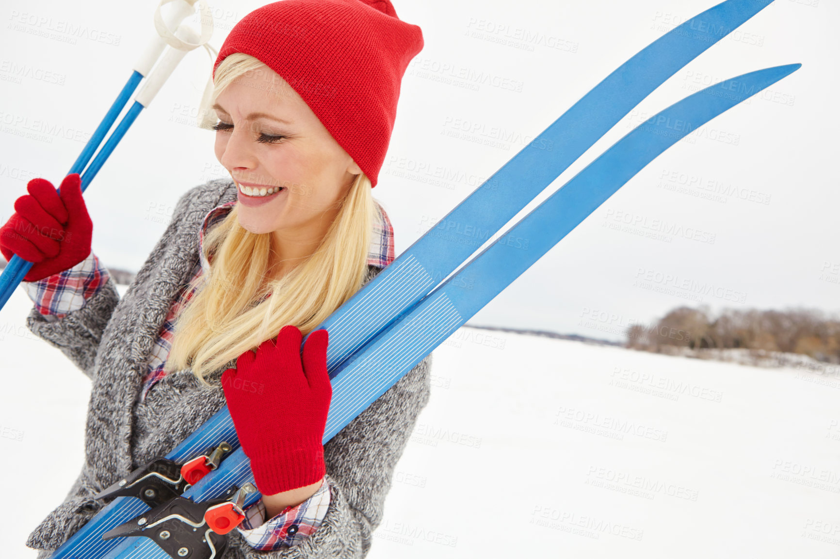 Buy stock photo Woman, thinking and happy on holiday with ski board for alpine adventure, fun and exploring snowy wilderness. Girl, equipment and outdoor on winter vacation in Michigan for getaway and travel tour.