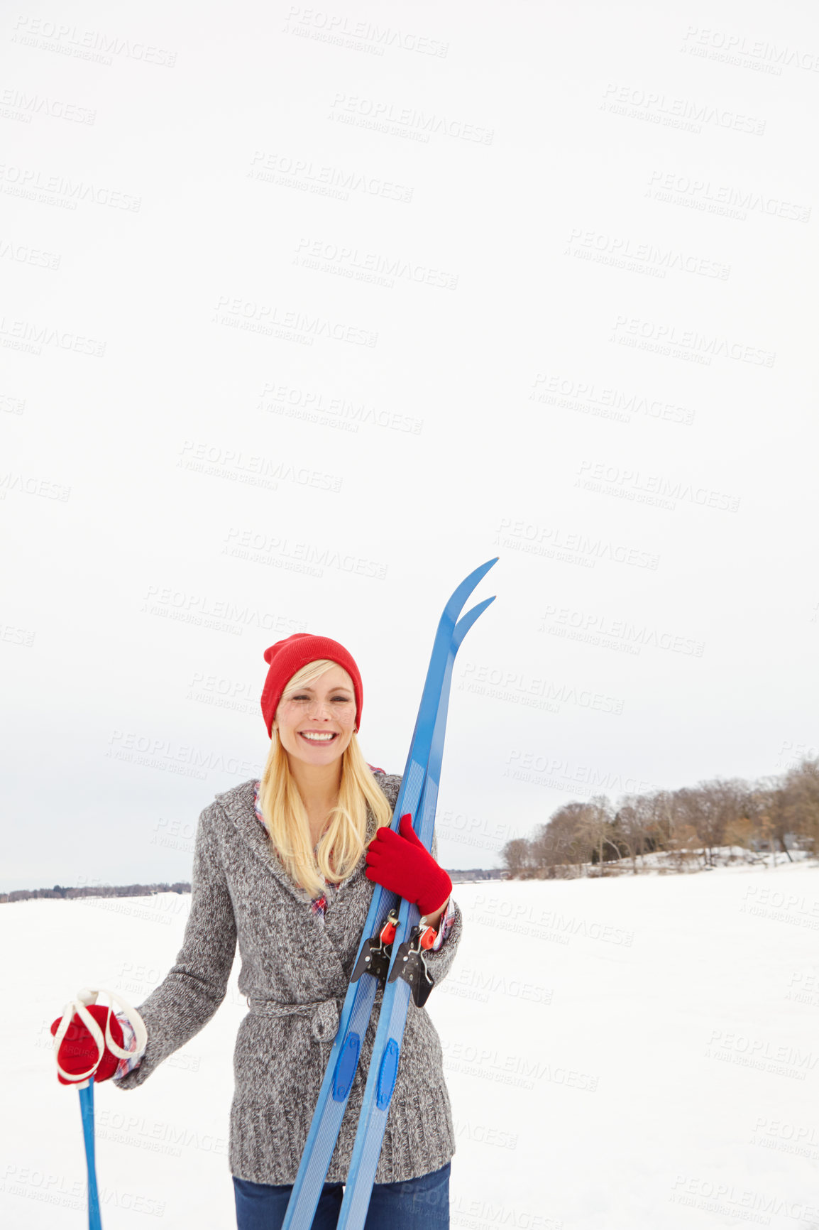 Buy stock photo Woman, portrait and happy on vacation with snowboard for alpine adventure, fun and exploring snowy wilderness. Girl, ski equipment and outdoor on winter holiday in Alaska for getaway and travel tour.