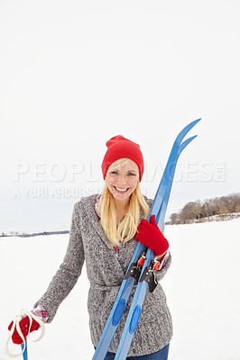 Buy stock photo Woman, ski and snow with portrait on holiday for fitness, adventure and outdoor in mountains with smile. Person, happy and equipment for winter sports in nature for vacation getaway in Switzerland