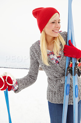 Buy stock photo Woman, calm and happy on vacation with snowboard for alpine adventure, fun and exploring snowy wilderness. Girl, ski equipment and outdoor on winter holiday in Alaska for getaway and travel tour.