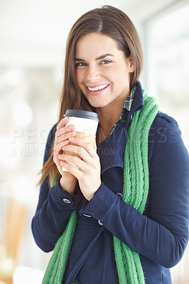 Buy stock photo Cropped shot of a gorgeous young woman drinking coffee