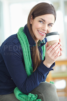 Buy stock photo Woman, thinking and coffee on winter vacation getaway to relax for peace or adventure, fun and happiness. Girl, travel and holiday in Switzerland for alpine scenery, outdoor wellness and tourism.