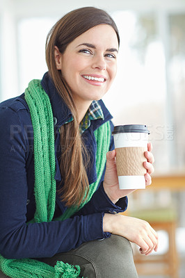 Buy stock photo Girl, happy and coffee in cafe for winter day to relax for peace or tranquility, fun and pleasure. Woman, restaurant and unwind with warm beverage or espresso in Switzerland, thinking and chilling.