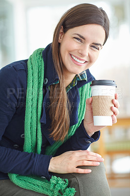 Buy stock photo Woman, portrait and coffee in cafe for winter day to relax for peace or tranquility, happy and pleasure. Female student, restaurant and unwind with warm beverage or espresso in morning in Switzerland