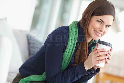 Buy stock photo Woman, portrait and happy with coffee in home for morning routine in winter to warm up and relax for cozy ambiance. Girl, caffeine beverage and indoor bliss in house for contentment and chilling.