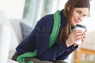 Buy stock photo Portrait of a gorgeous young woman drinking coffee