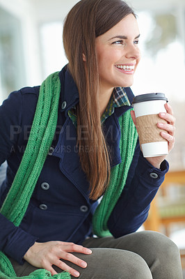 Buy stock photo Woman, thinking and happy with coffee in house for morning routine in winter to warm up and relax for cozy ambiance. Girl, caffeine beverage and indoor bliss in home for contentment and chilling.