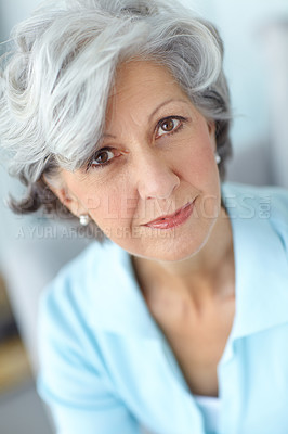 Buy stock photo Senior woman, portrait and confident in home on weekend, satisfaction and lounge for peace or calm. Female person, comfortable and elderly in retirement, wellness and rest in apartment for good mood