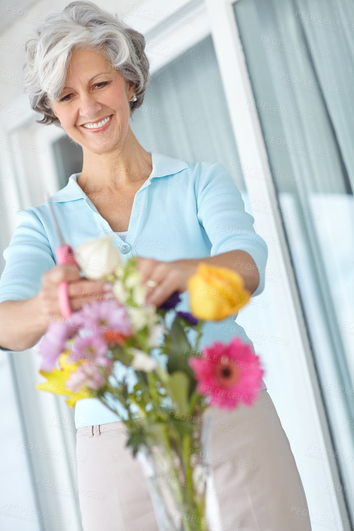 Buy stock photo Senior, woman and happy to arrange flowers in home, vase and creativity in spring of retirement. Floral, bouquet and elderly person with gardening hobby or relax with rose, daisy or wildflowers