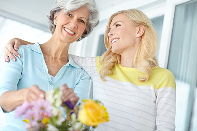 Buy stock photo Portrait of a senior woman enjoying some flower arranging with her daughter