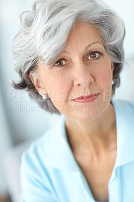 Buy stock photo Senior woman, portrait and morning in home on weekend, satisfaction and confident for peace or calm. Female person, comfortable and relax in retirement, wellness and rest in apartment for good mood