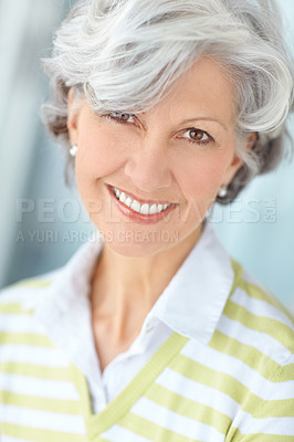 Buy stock photo Elderly woman, portrait and relax in home on weekend, satisfaction and confident for peace or calm. Female person, comfortable and smile in retirement, wellness and happy in apartment for good mood