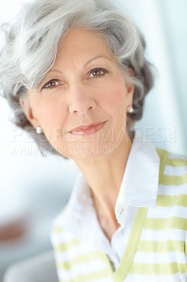 Buy stock photo Senior woman, portrait and pride in home on weekend, satisfaction and confident for peace or calm. Female person, comfortable and smile in retirement, wellness and happy in apartment for good mood