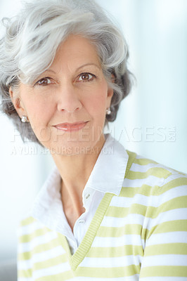 Buy stock photo Senior, portrait and woman in retirement or home to relax in living room with pension. Elderly, person and calm with positive mindset in house on holiday or vacation with investment or savings