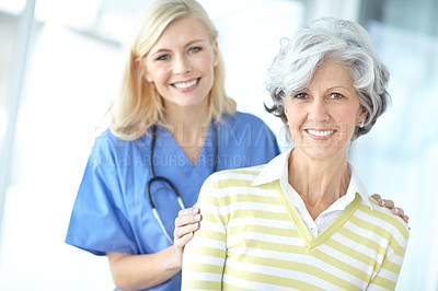 Buy stock photo Nurse, woman and senior portrait for support, healthcare and hand on shoulder with medical worker in hospital. Appointment, checkup and caregiver for trust with professional, patient and happy