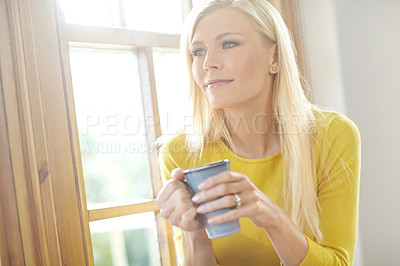 Buy stock photo Home, thinking and woman with coffee, window and ideas with planning, relax and happiness in living room. Person, apartment and girl with morning tea, view and espresso with peace, calm or cappuccino
