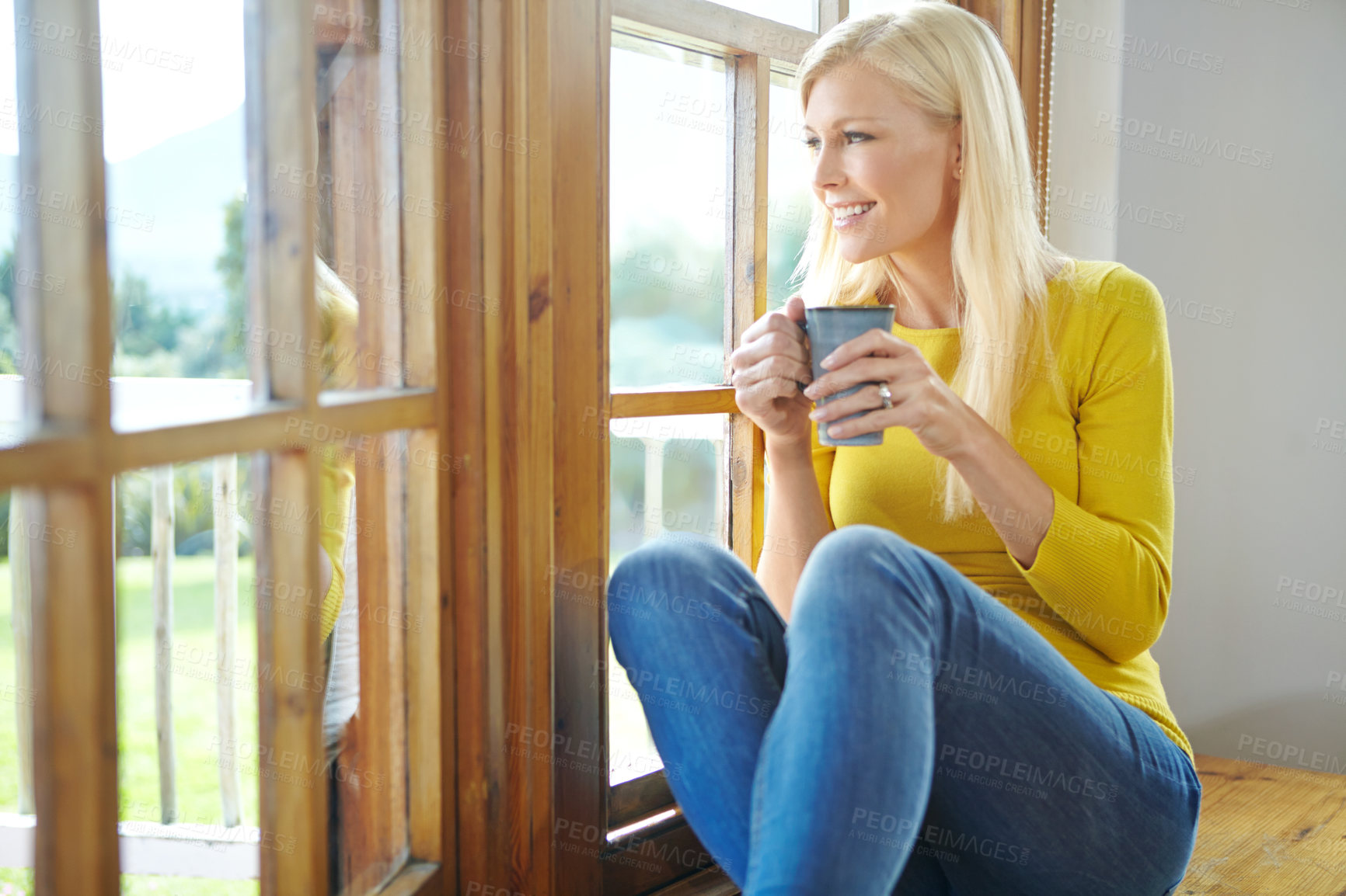 Buy stock photo House, ideas and woman with coffee, window and view with wonder, calm and happiness in living room. Person, apartment and girl with morning tea, home and espresso with peace, relax and cappuccino