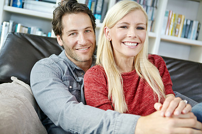 Buy stock photo Happy couple, relax and portrait in home on couch, together in apartment for wellness. Woman, man and smile for relationship at house on sofa, cheerful in living room for weekend date with hug