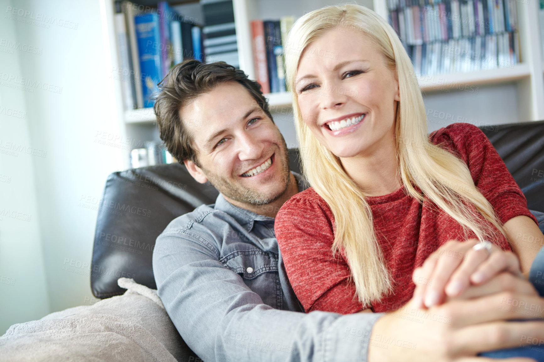 Buy stock photo Happy couple, relax and portrait in house on sofa, together in apartment for wellness. Woman, man and smile for relationship in home on couch, cheerful in living room for weekend date with movie